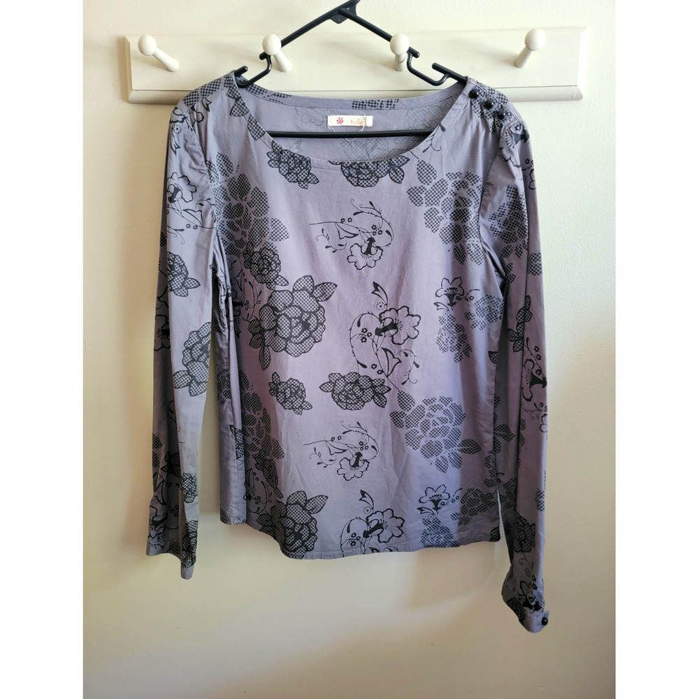 Tulle Vintage Women's XL Gray Black Floral L/S Cotton Top Button Boxy Casual EUC